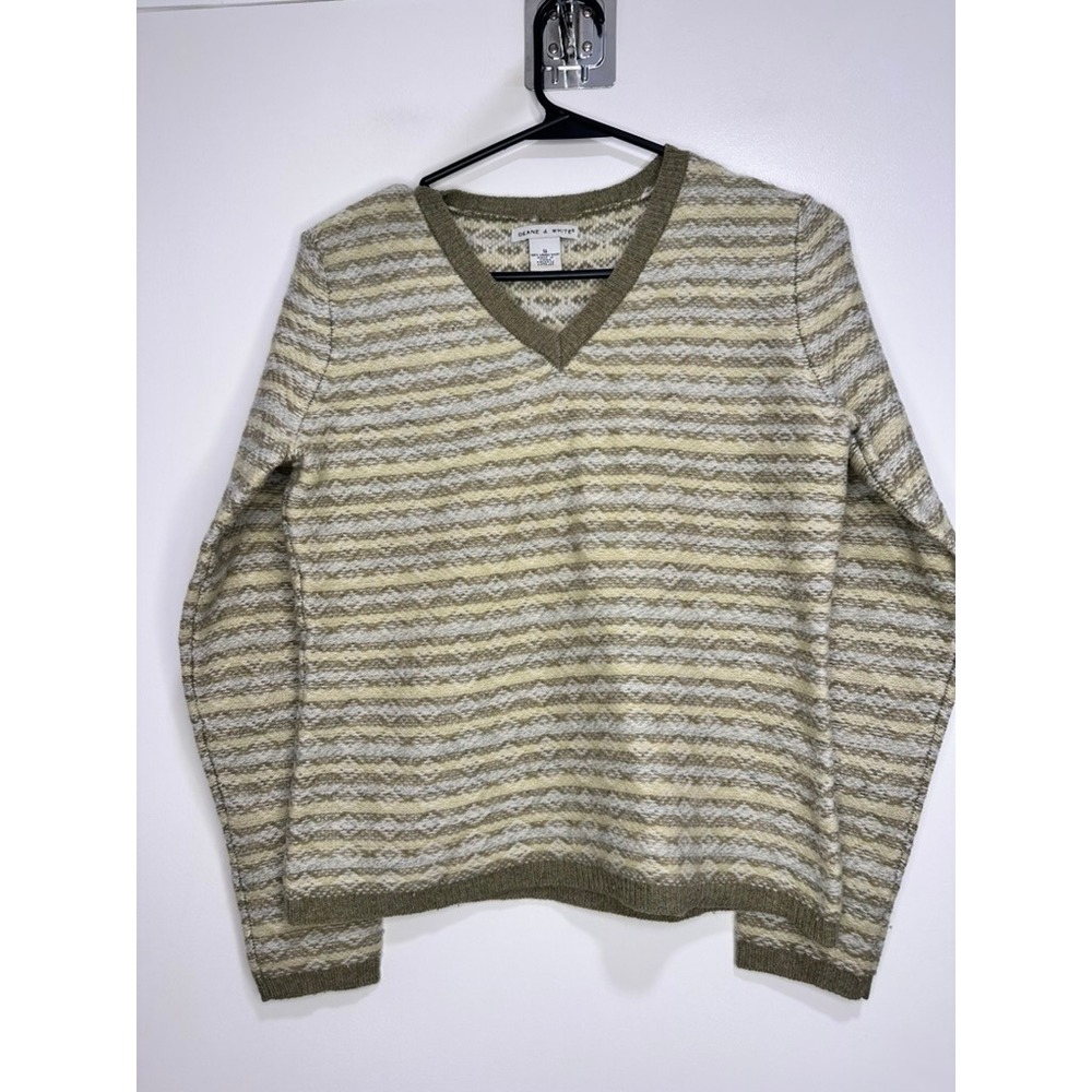 Deane & White cottagecore preppy VNeck Sweater Sz:S Green Striped 100% Lambswool